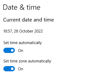 Windows Date and Time menu with Set time automatically and Set time zone automatically selected