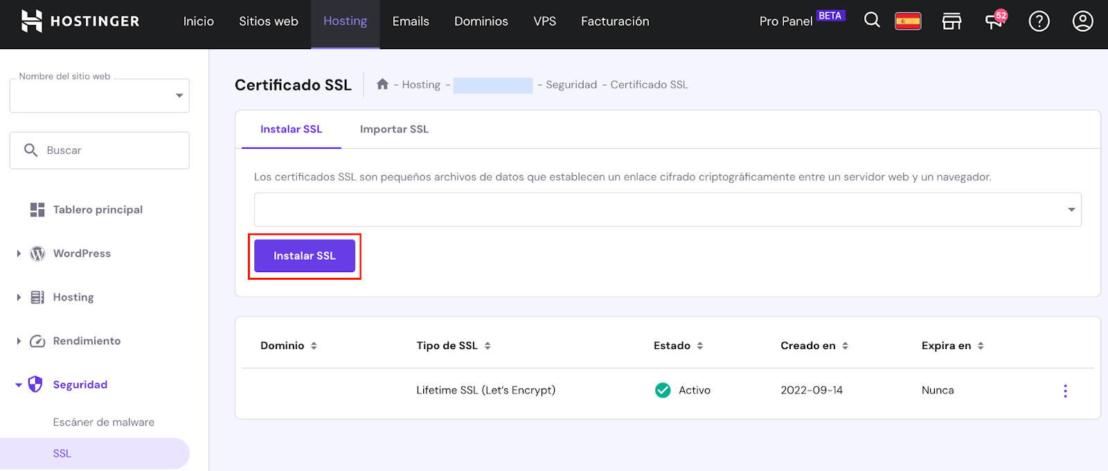 Install SSL option in hPanel