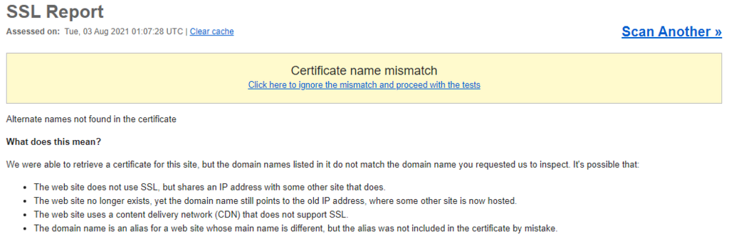 Certificate name mismatch error in the SSL report