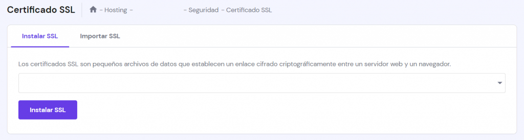 Section to install an hPanel SSL certificate