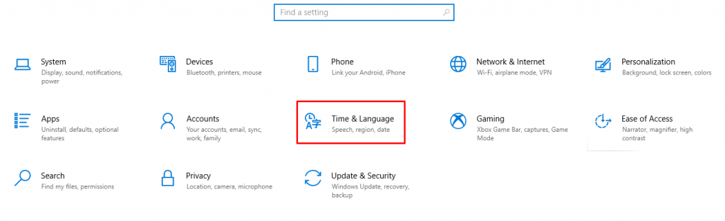 The Time and Language option in the Windows Settings menu