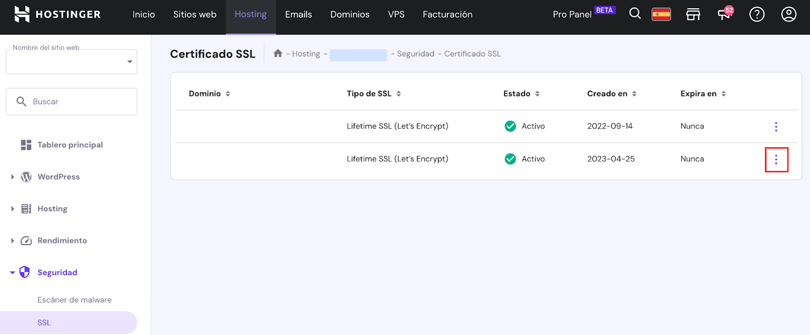 hPanel SSL Certificate Section