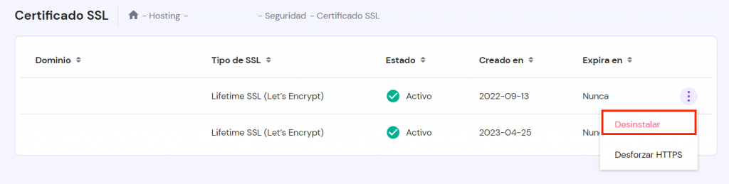 hPanel SSL Certificate Section