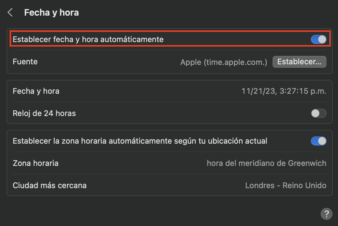 macOS "Set date and time automatically" option