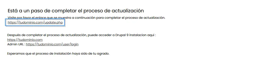 Link to start Drupal update with Softaculous